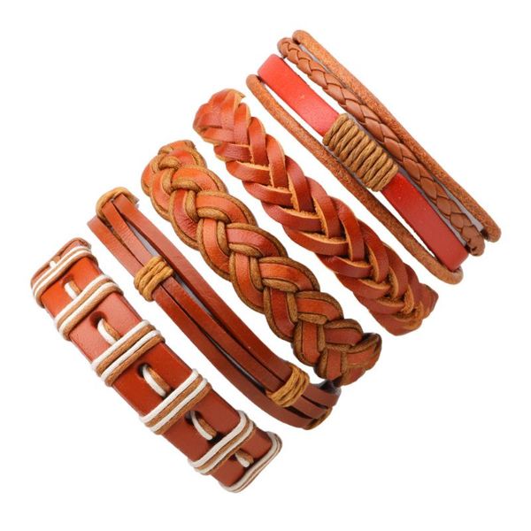 

charm bracelets 5pcs/set boho gypsy hippie punk jewelry brown macrame leather wax cord rope knots layers wrap adjustable set for man, Golden;silver