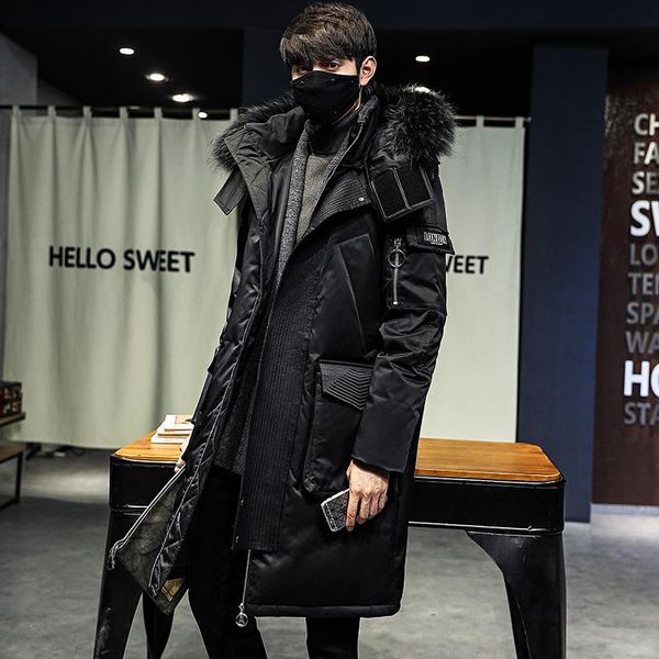 

winter youth thickened off the knee down jacket men's medium long handsome haircollar geese men's parka jacket, Black