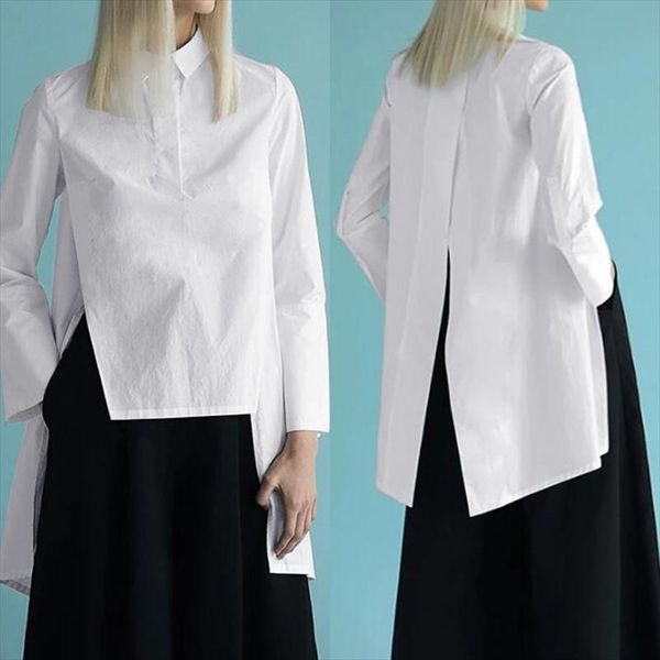 

fashion asymmetrical womens summer blouse zanzea 2020 casual lapel blusas female back split long sleeve shirts s 5xl, White