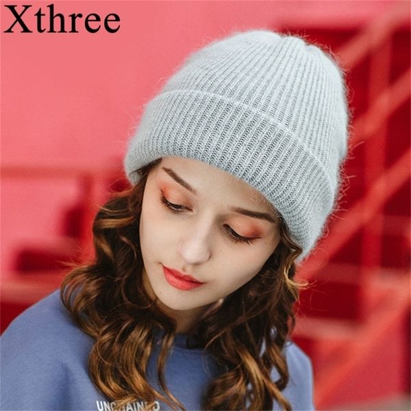 

xthree beanie women winter knitted rabbit fur skullies warm bonnet cap female hats for girl hat y201024, Blue;gray