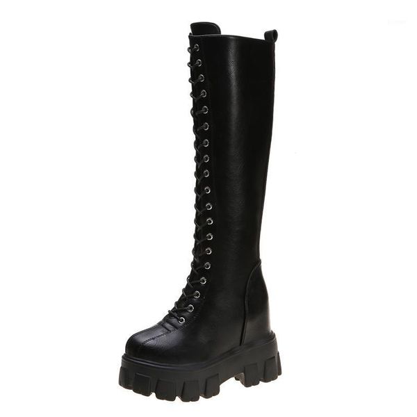 

fashion women cross strap pu leather boots autumn winter knee high boots ladies thick sole platform botas mujer1, Black