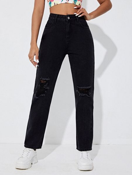 

high waist ripped frayed straight leg jeans v9i7#, Blue