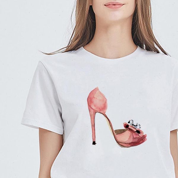 

art high heeled shoes printing female t shirt plus size vogue casual t shirts women streetwear harajuku versatile kawaii, White
