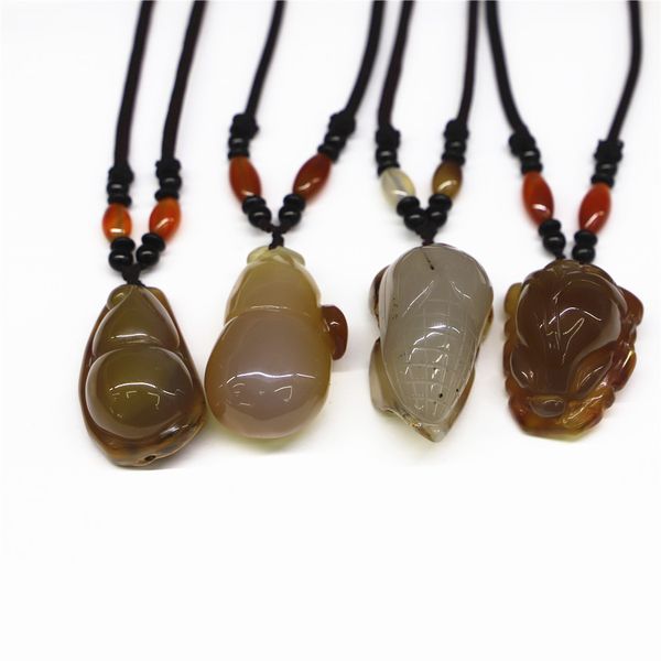 

natural stone chalcedony pendant necklace fashion charm jewelry carved amulet gift for men iced out q1209, Bronze;silver