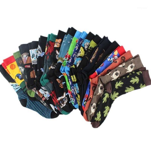 

cartoon cotton sock men fashion retro painting clown monkey skull cat print mid mens socks new arrival novelty funny crazy sock1, Black