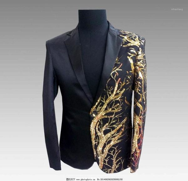 

men's suits & blazers unique design male asymmetrical golden sequin pattern blazer jacket men nightclub dj dance costumes man black ban, White;black