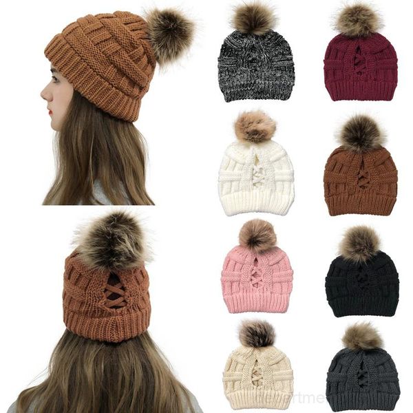 

fashion knitted caps women pom ball ponytail beanie winter warm wool knitting hat christmas party hats supplies owf3043