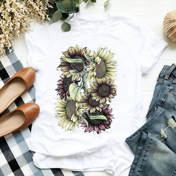 

women lady t shirt harajuku sunflower printed tshirt ladies short sleeve tee shirt women female clothes graphic t shirt, White