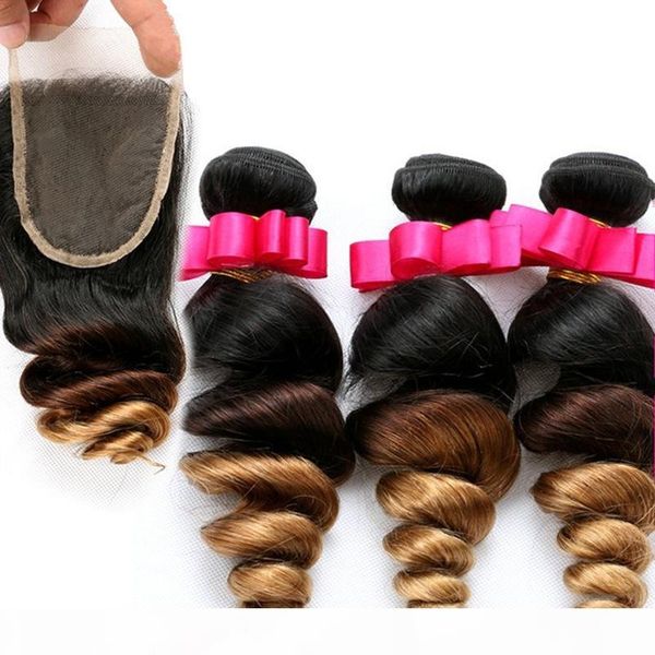 

ombre hair extensions three tone brown blonde 1b 4 27 ombre brazilian loose wave human hair 4x4''swiss lace closure with 3pcs hair, Black