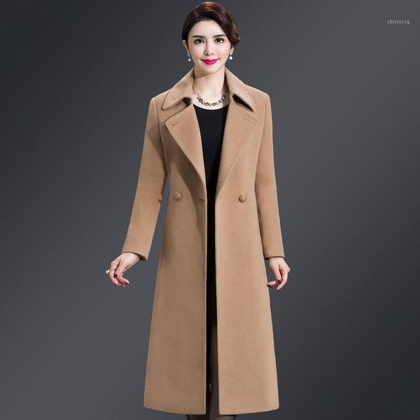 

winter 2020 solid color fashion long women parka female slim thicken warm with belt woolen coat plus size 4xl x571, Black