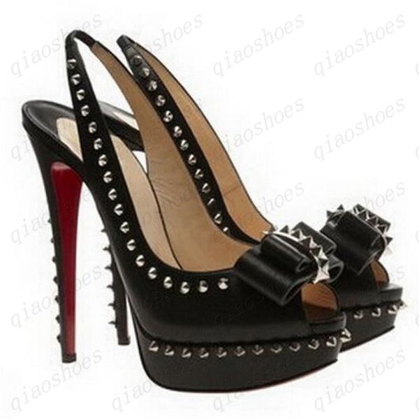 

2021 fashion rivets fish mouth red spikes pointed bottom bottoms high heel women dress shoes size 35-45, Black