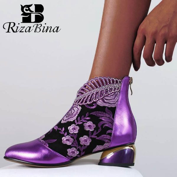 

rizabina real leather ladies ankle boots square heel shoes zipper flower rhinestone fashion footwear size 34-43, Black