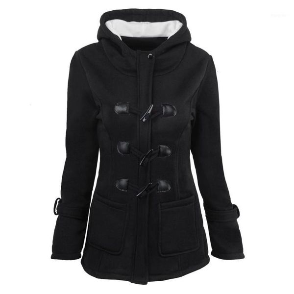 

2019 autumn winter coat women solid casual outwear horn button hooded full sleeved long woolen blend jackets plus size 5xl 6xl1, Black