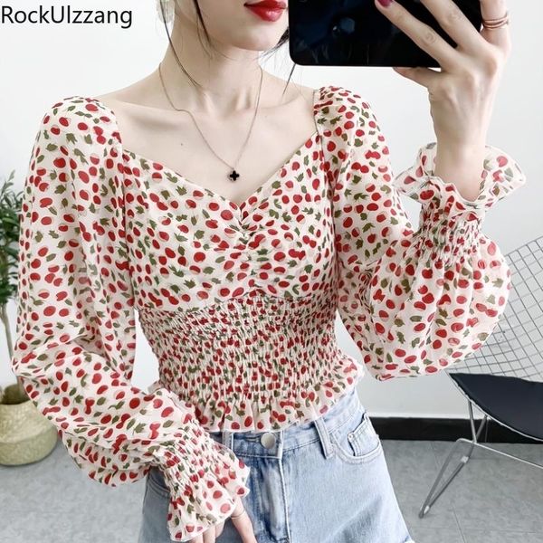 

long sleeve vintage square elegant flower chiffon stretch back ruched ruffle hem blouse women korean crop shirt cute, White