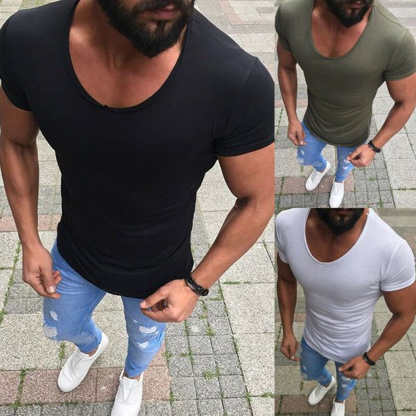 

2019 summer fashion men's t-shirt basic solid short sleeve casual slim fit muscle shirts tee, White;black
