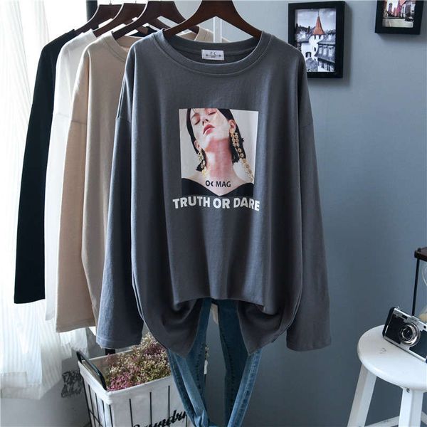 

long sleeve t-shirt women's cotton portrait screen red bf style autumn oversize top, Black;gray