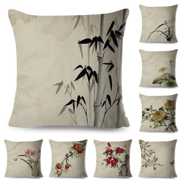 

chinese ink plant pillow case flowers leaf linen 45*45 cm square cushion cover for sofa home decorative printed throw pillowcase