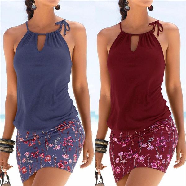 

women dress summer 2019 fashion womens dresses casual sleeveless retro halter print beach mini dress beach tee shirt homme, Black;gray