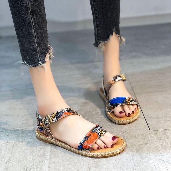 

summer new sandals women 2021 sewing hemps heels buckle ankle strap ladies sandal snake pattern ethnic female beach flat shoes, Black