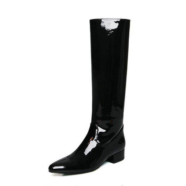 

new 2021 square heels genuine leather knee high pointed toe women boots dancing shoes woman 8ojh, Black