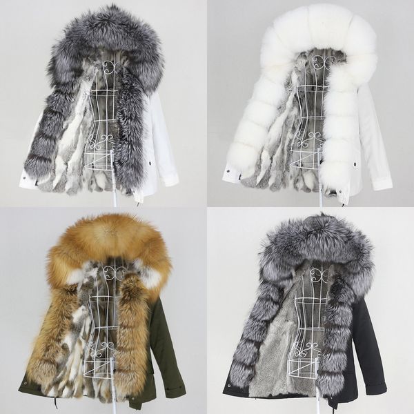 

oftbuy 2020 real rabbit fur coat waterproof parka natural fox raccoon fur collar hood winter jacket women outerwear removablex1019, Black