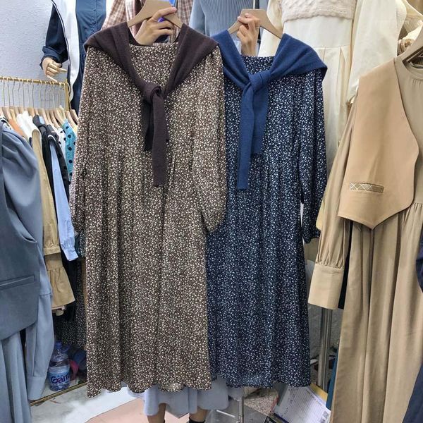 

casual dresses south korea 2021 early autumn floral loose version of the dress with a shawl two-piece women1, Black;gray