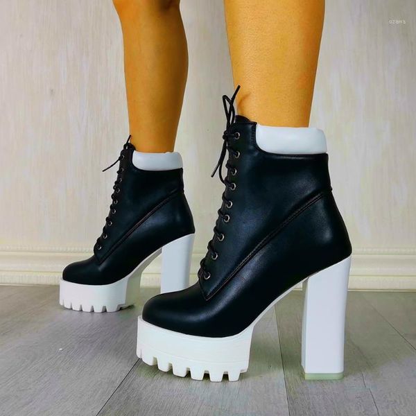 

boots bonjomarisa elegant platform lace up block heel ankle designer brand women casual daily fashion shoes woman1, Black