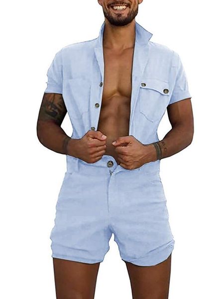 

men's jumpsuit summer pure-colour large size clothes short sleeve clothes men's jumpsuit overalls for men short sleeve rompers, Gray