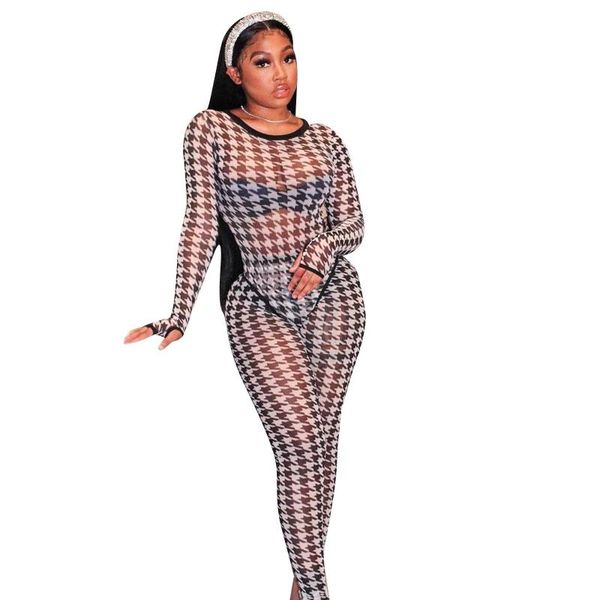 

autumn fashion houndstooth print women 2 piece set mesh perspective long sleeve bodysuit+high waist pants 2 piece set women, Gray