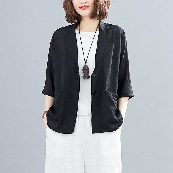 

casual summer large size women's cotton and linen shirt loose thin section solid color suit sunscreen jacket female k827, Black;brown
