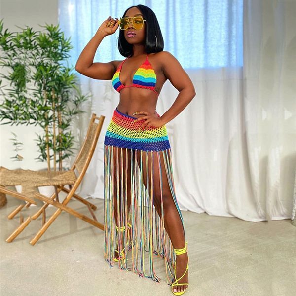

anjamanor rainbow crochet tassel 2 piece set crop and skirt beach party club birthday outfits for women d48-ac97 t200702, White