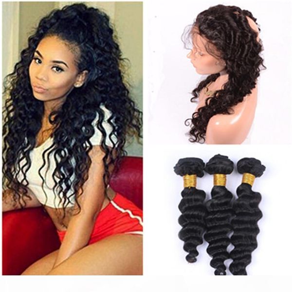 

deep wave wavy full frontals 360 band lace closure 22.5x4x2 with weaves 3bundles virgin peruvian human hair extensions double wefts, Black;brown