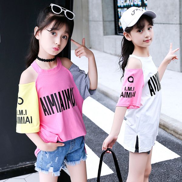

summer kids tshirt cotton off shoulder short sleeve for children girl fashion teenage long t-shirt toddler clothes 6 10 12y y200704, Blue