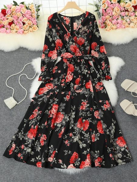 

plus floral print flounce sleeve belted dress s7ts#, Black
