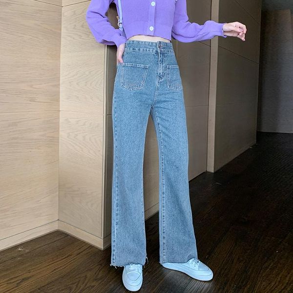 

women's jeans autumn loose and thin straight-leg pants 2021 fashion all-match high-waisted wide-leg, Blue