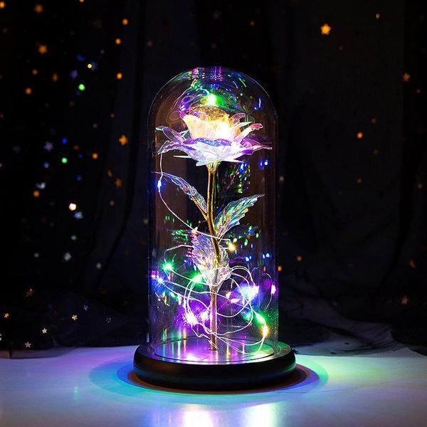 

led light artificial flowers in glass dome gold foil galaxy rose flower with fairy string lights for valentine's day gifts
