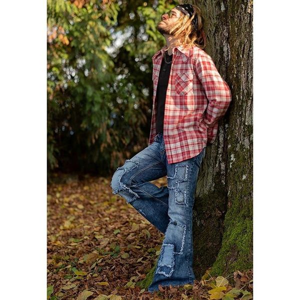 

men's jeans lugentolo flared men plus size hole elasticity zipper streetwear washed full length mens bottoms, Blue