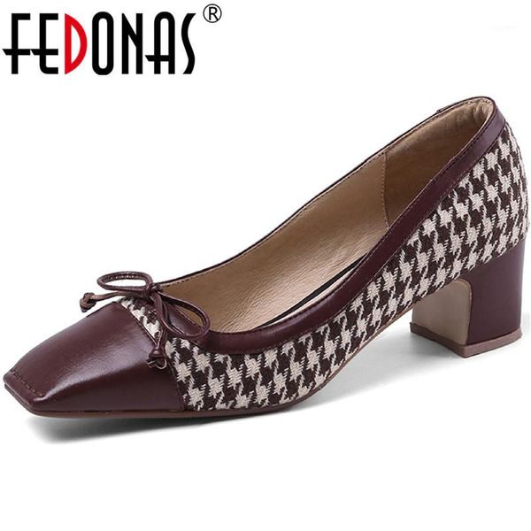 

fedonas houndstooth new women pumps butterfly knot summer shoes woman square heeled color mixing 2020 basic shoes woman1, Black