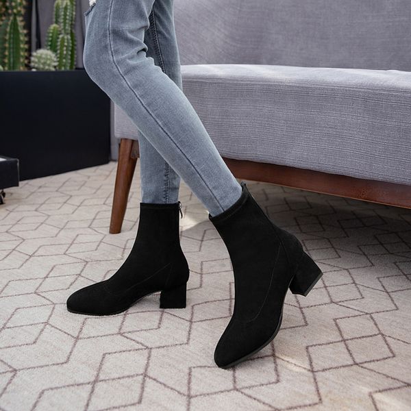 

2020 new ankle boots for women plaza toe fashion winter shoes short zipper comfortable square heels mrs shoes31-43, Black