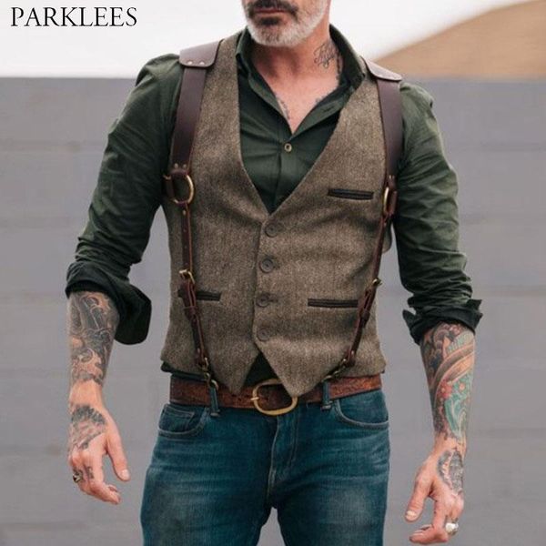

men's vests wool tweed men suit victorian steampunk cosplay mens waistcoat with leather gentleman groomman wedding slim fit gilet, Black;white