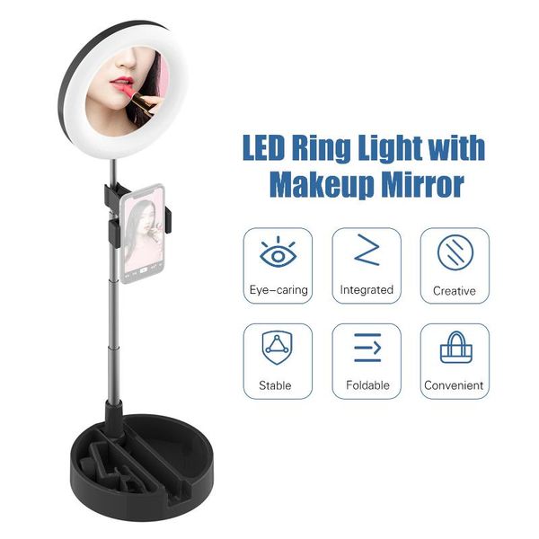 

portable led ring light foldable desk circle lamp fill light with makeup mirror phone holder 3 color modes & 10 brightness level