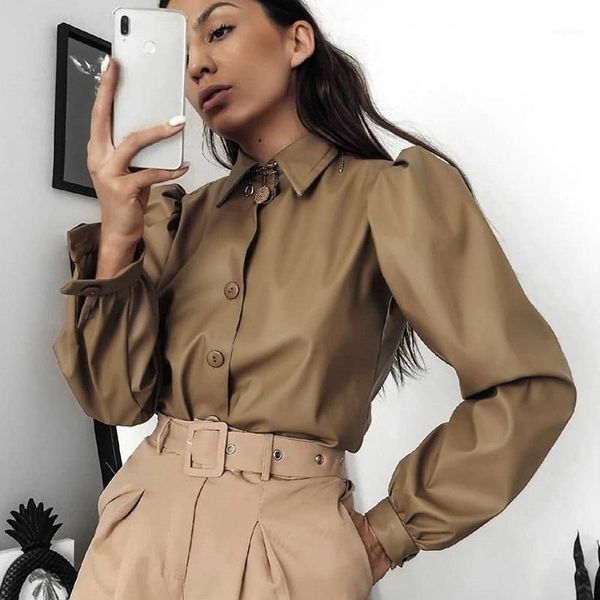 

2019 fashion faux leather matte shirt vintage puff loose sleeve women casual blouse for female shirts work wear1, White