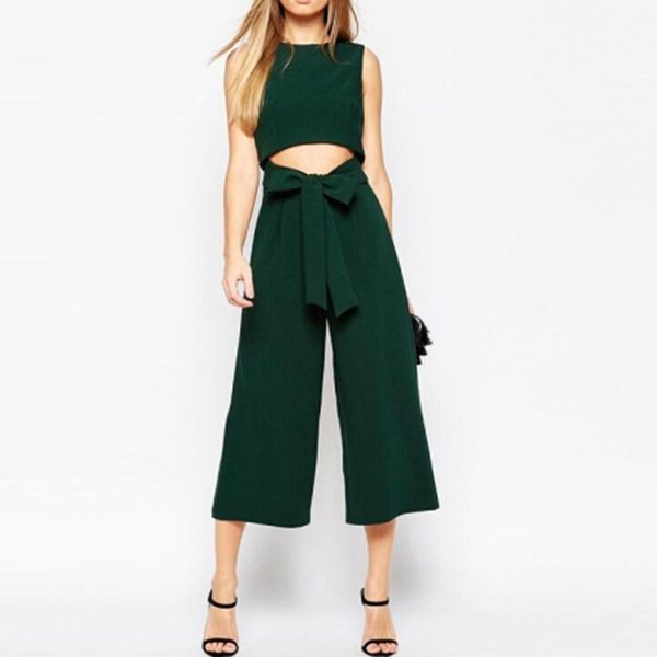 

waist bandage cutout wide legs jumpsuit cropped pants jumpsuit size, Tan;black