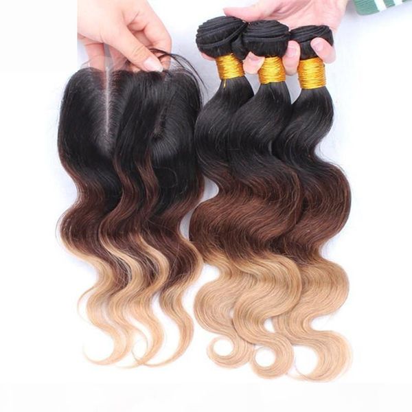 

brazilian ombre human hair 3bundles with lace closure 4x4 body wave 1b 4 27 honey blonde ombre brazilian virgin hair weaves with closure, Black