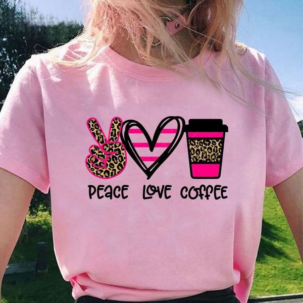 

pink t-shirt leopard peace love coffee print women summer t shirt vogue leisure girls tshirt trendy hipster tees streetwear, White