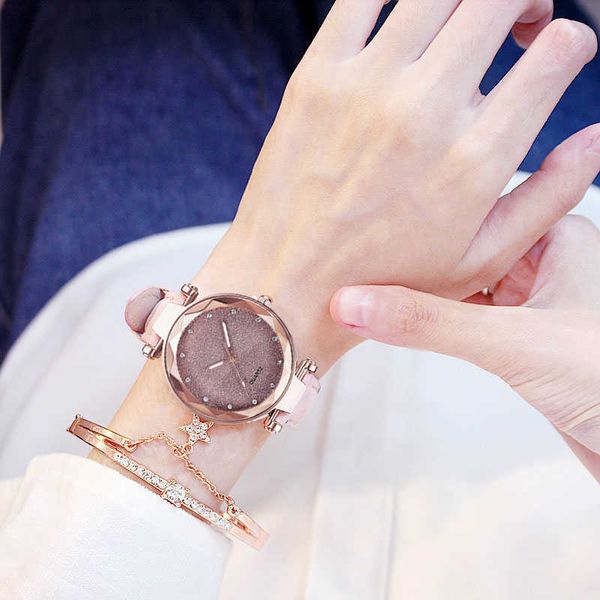 

ladies starry sky watch bracelet ladies casual leather strap quartz female watch zegarek damski, Slivery;brown