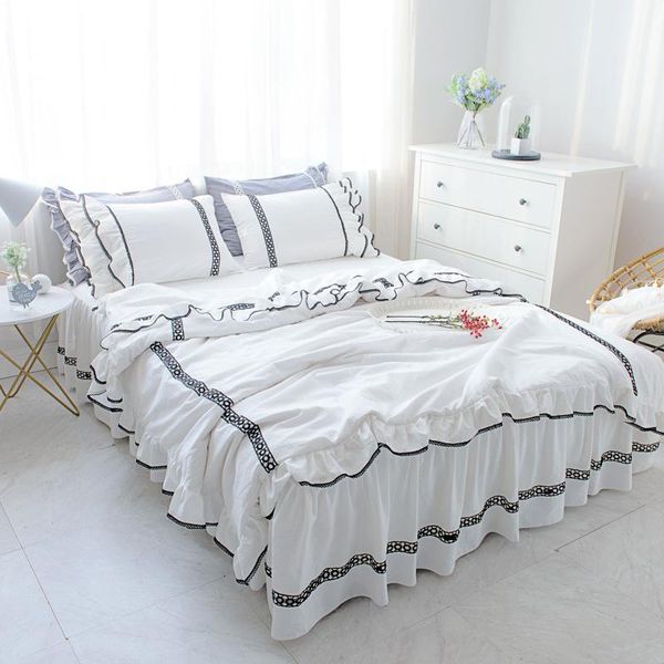 

bedding sets ruffles set 100% washed cotton duvet cover 3/ 4pcs bedskirt prinecess linens black and white bed sheet