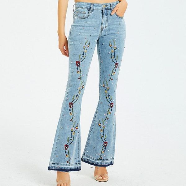 

plus size 2020 pearl jeans embroidery flare jeans women fashion blue skinny push up denim pants autumn sale items ng1