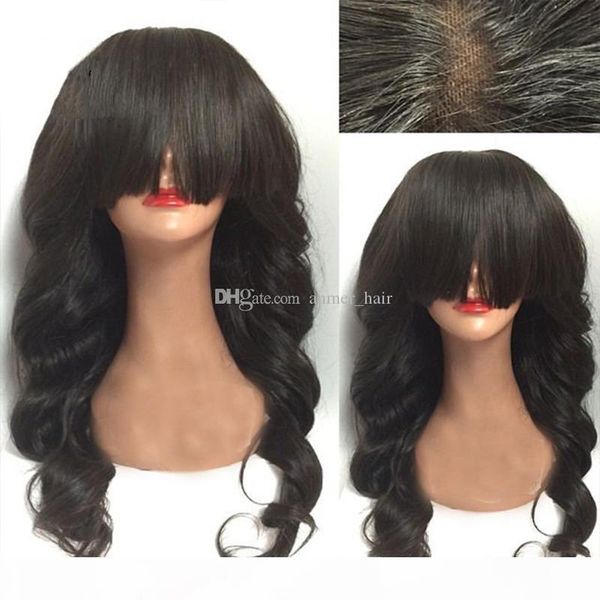

brazilian hair full lace wig with bangs preplucked glueless virgin hair body wavy human hair wigs for black women, Black;brown