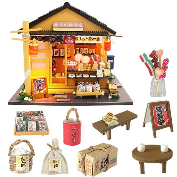 

japanese style grocery store 3d wooden dollhouse miniaturas with furnitures diy doll house kit toy for children brithday gift y200704